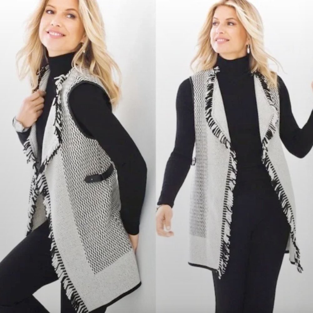 Chico's‎ White Wool Blend Knit Fringe Sleeveless Vest Open Cardigan Western Boho